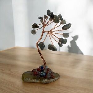 Labradorite Bonsai Copper Wire Tree on Agate 3.5in